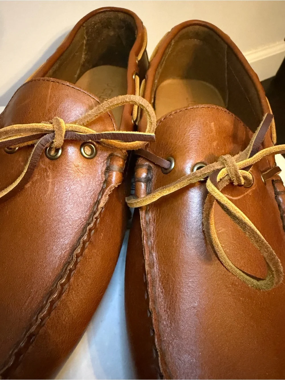 J. CREW Men’s Lace-Up Leather Driving Moccasin Shoes in Brown Tan Sz. 10 FLAW